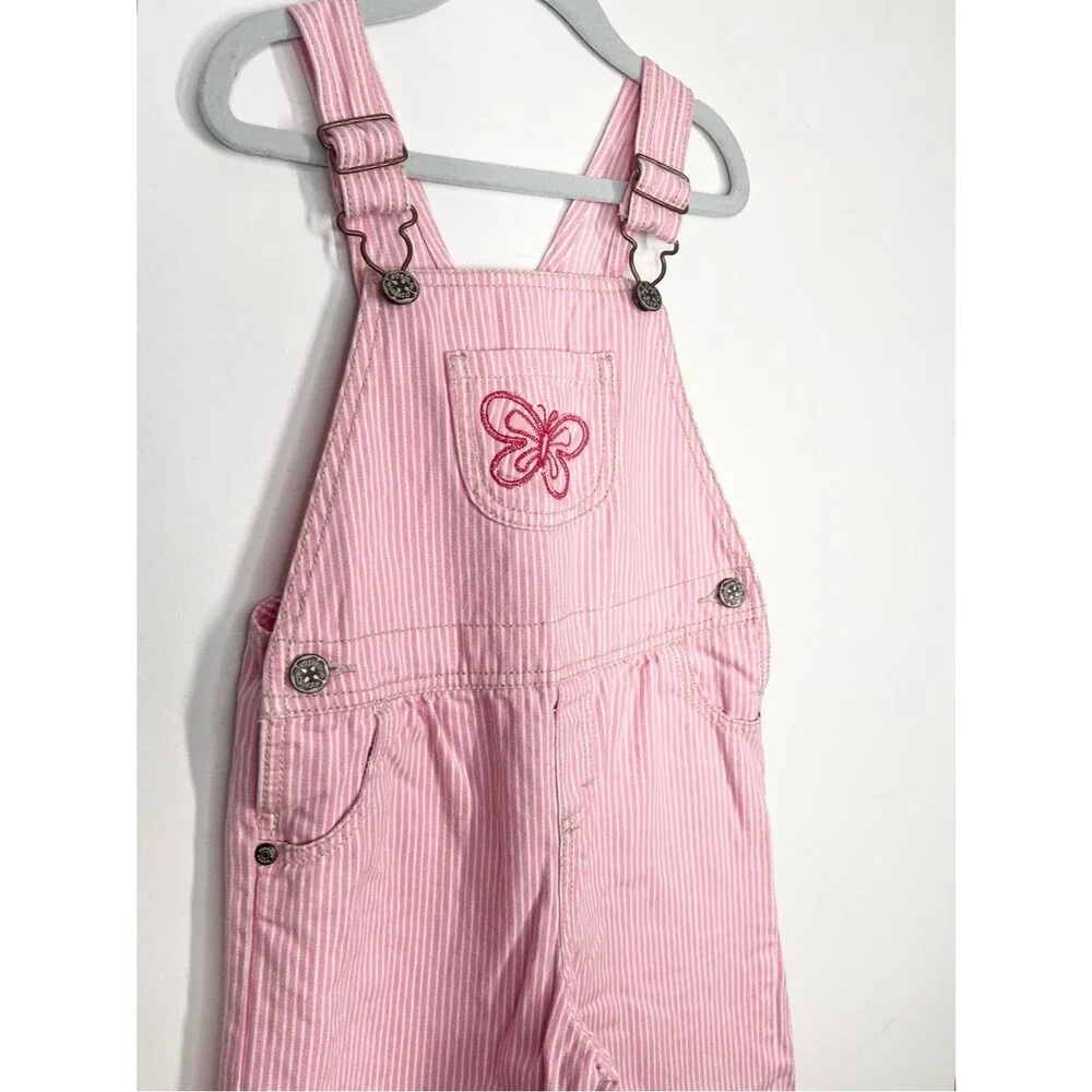 OshKosh B’gosh Pink White Railroad Stripe Embroidered Butterfly Coveralls 5T